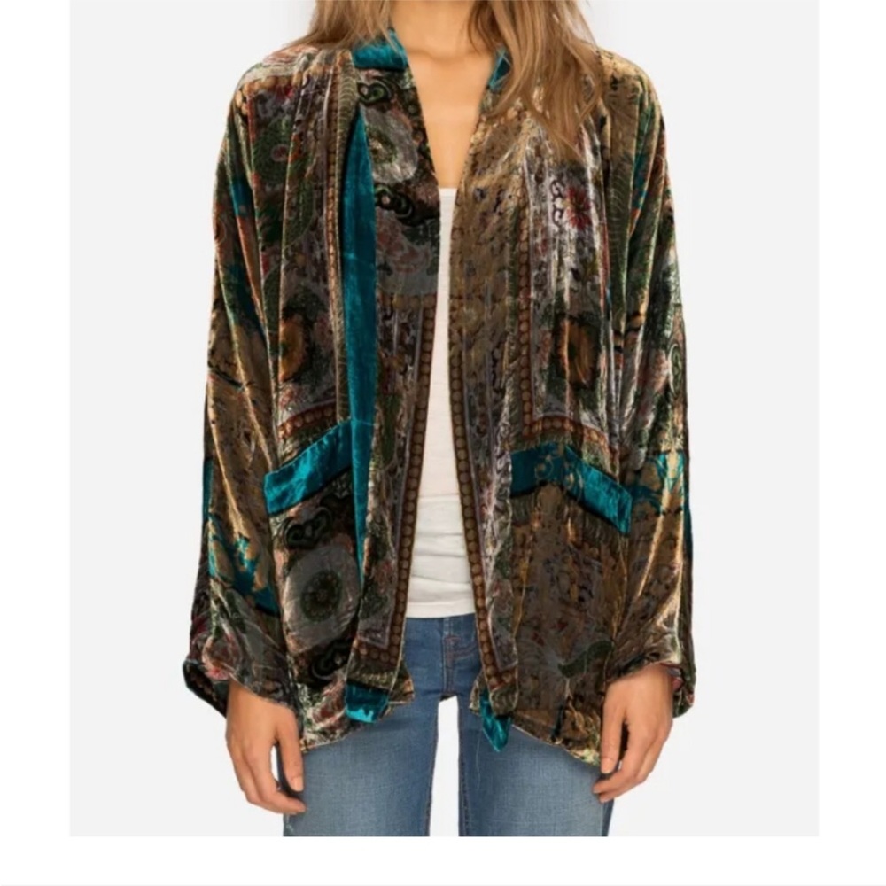 Johnny Was Dragonia Velvet Silk Floral Boho Patchwork Kimono Jacket RARE L